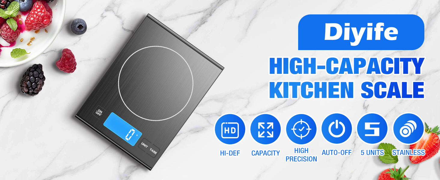 Rechargeable 304 Stainless Steel Kitchen Scale, Diyife 33lb Digital Food Scale with LCD Display, Batteries and Type-C Charging, for Meal Prep, Cooking, Baking (Black)
