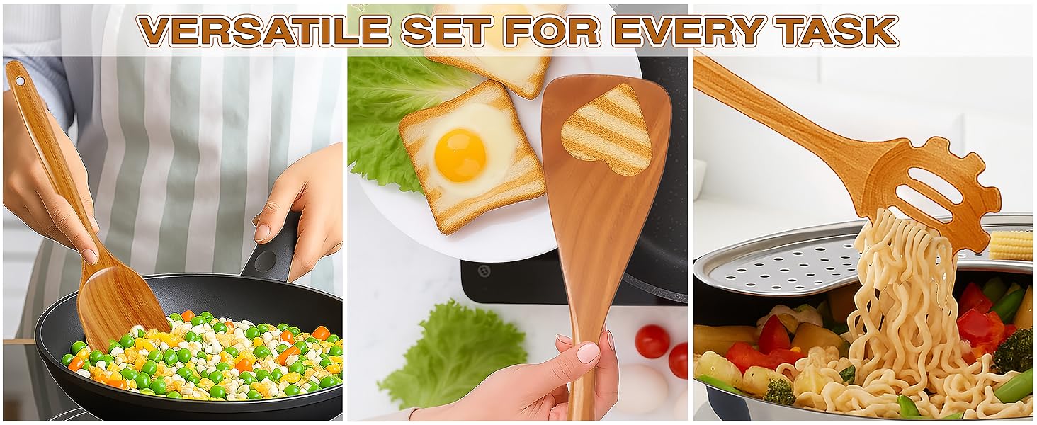 Extra-Large 4-Piece Teak Wooden Utensil Set – Non-Stick Wooden Spatula for Cooking, Skimmer Spoon & Spaghetti Spoon – Non Toxic Cooking Utensils