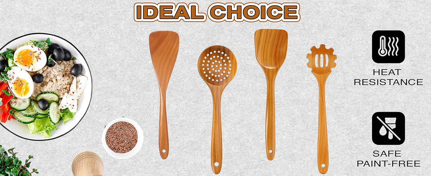 Extra-Large 4-Piece Teak Wooden Utensil Set – Non-Stick Wooden Spatula for Cooking, Skimmer Spoon & Spaghetti Spoon – Non Toxic Cooking Utensils