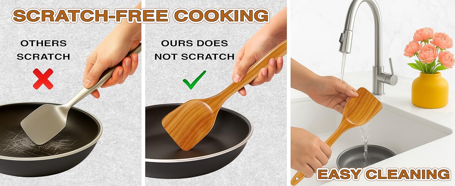 Extra-Large 4-Piece Teak Wooden Utensil Set – Non-Stick Wooden Spatula for Cooking, Skimmer Spoon & Spaghetti Spoon – Non Toxic Cooking Utensils