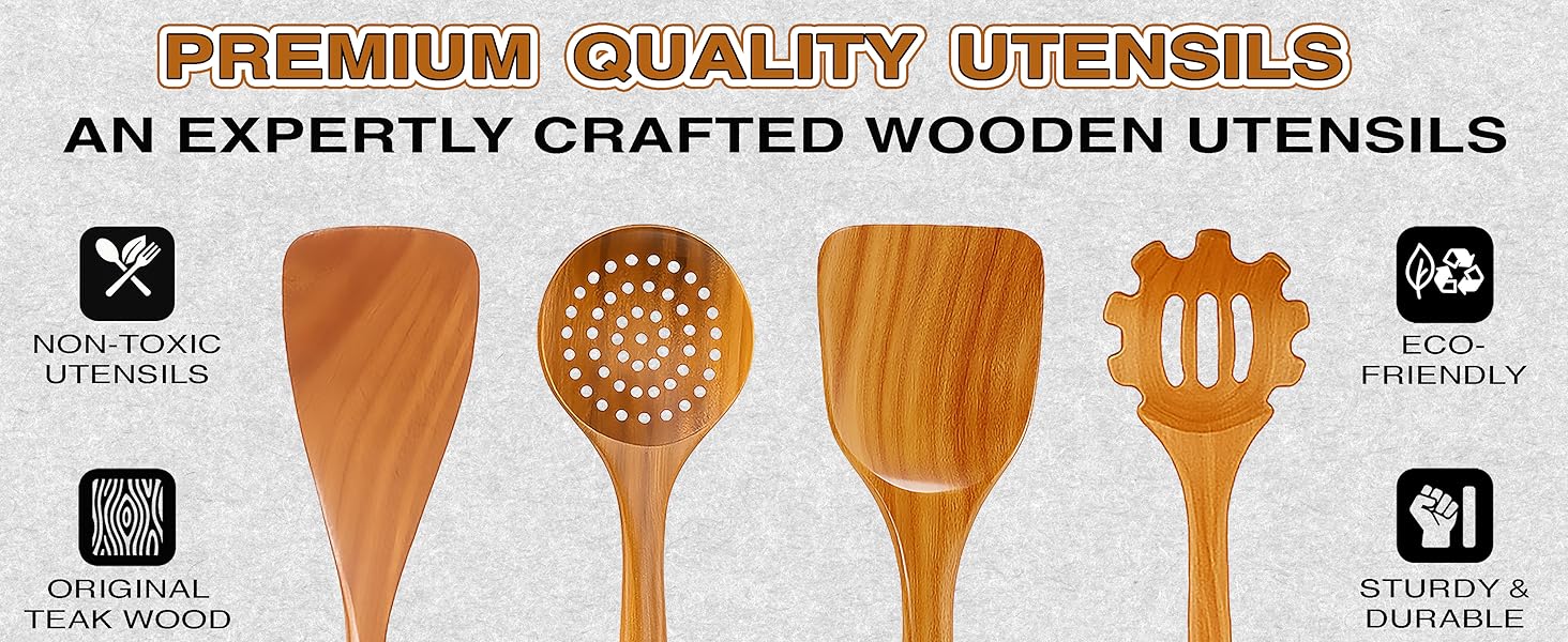 Extra-Large 4-Piece Teak Wooden Utensil Set – Non-Stick Wooden Spatula for Cooking, Skimmer Spoon & Spaghetti Spoon – Non Toxic Cooking Utensils