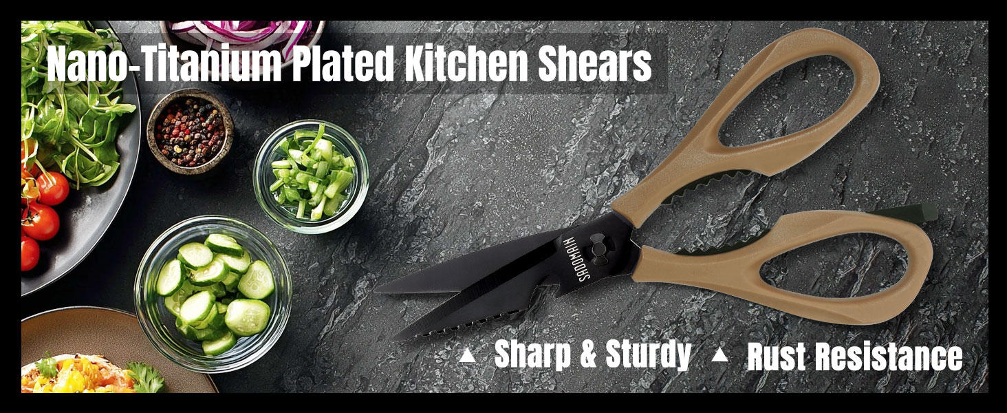 Kitchen Scissors All Purpose, Extra Sharp Kitchen Shears with Knife Sharpener & Sheath, Solid & Durable Stainless Steel Scissors with ANTI-RUST Black Titanium Plated, Dishwasher Safe - Brown