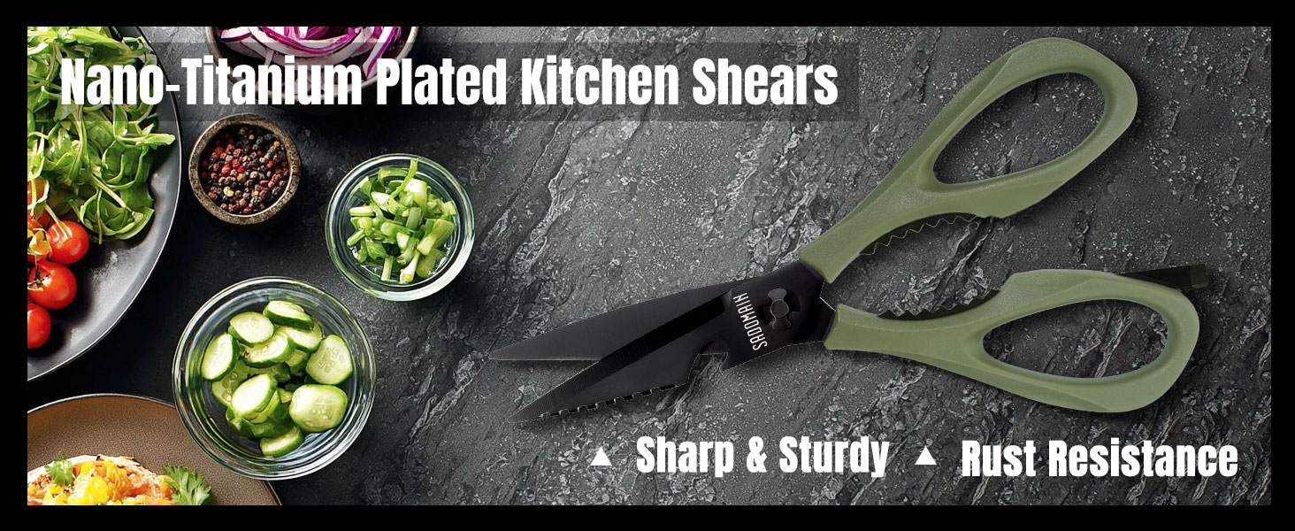 Kitchen Scissors All Purpose, Extra Sharp Kitchen Shears with Knife Sharpener & Sheath, Solid & Durable Stainless Steel Scissors with ANTI-RUST Black Titanium Plated, Dishwasher Safe - Green