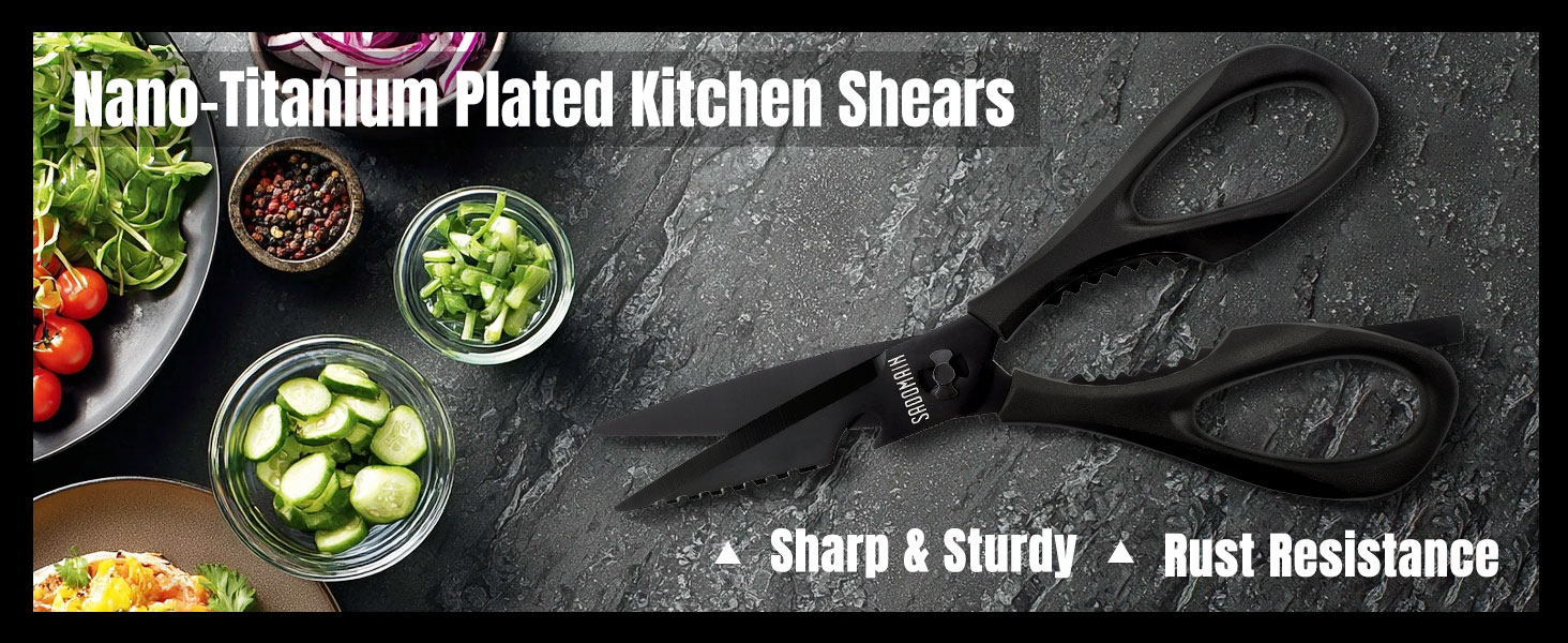Kitchen Scissors All Purpose, Extra Sharp Kitchen Shears with Knife Sharpener & Sheath, Solid & Durable Stainless Steel Scissors with ANTI-RUST Black Titanium Plated, Dishwasher Safe - Black