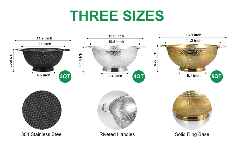 3PCS Three Colors Mix Colander Set, 3QT Black & 4QT Silver & 5QT Gold, Stainless Steel Pasta Strainer with Handle for Prepping Washing Draining Storing Food, Dishwasher Safe