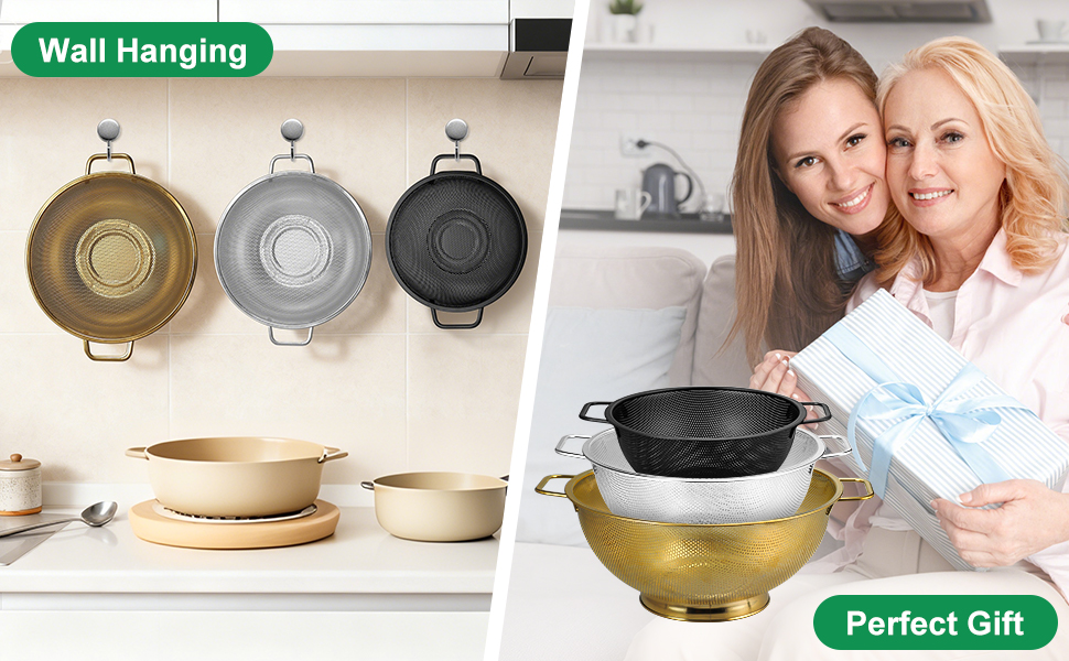 3PCS Three Colors Mix Colander Set, 3QT Black & 4QT Silver & 5QT Gold, Stainless Steel Pasta Strainer with Handle for Prepping Washing Draining Storing Food, Dishwasher Safe