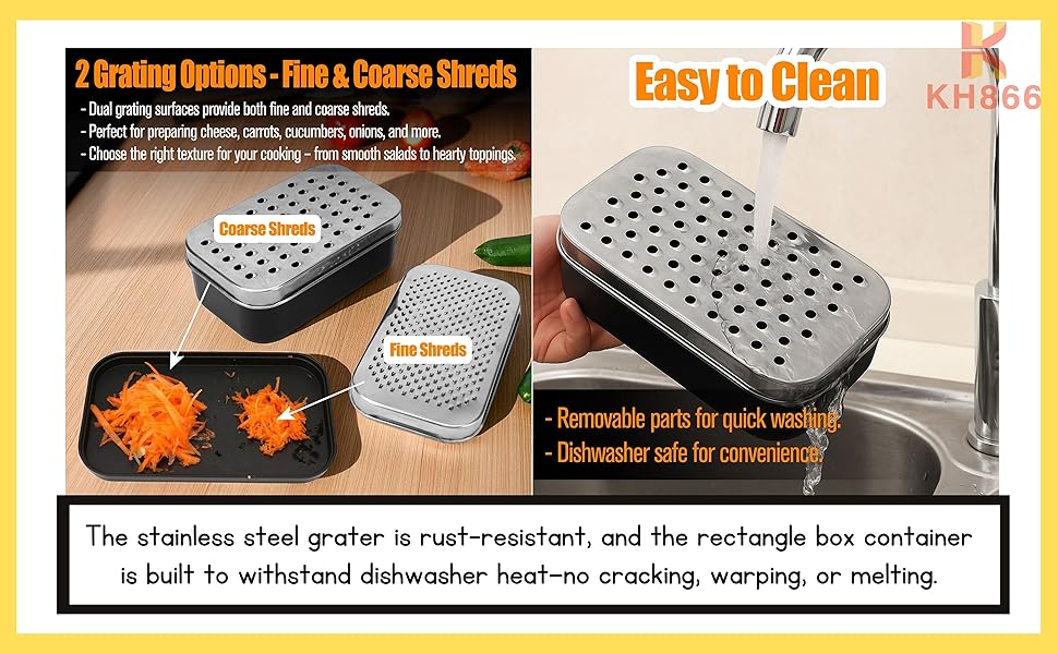 2 In 1 Cheese Grater with Container and Lid Metal Handheld with Storage Box Stainless Steel – Citrus Lemon Zester, Fruit Vegetable Onion Choppers, Airtight Includes Hand Peelers, Grinder, Shredder