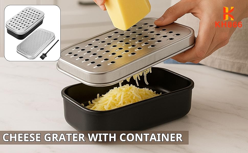 2 In 1 Cheese Grater with Container and Lid Metal Handheld with Storage Box Stainless Steel – Citrus Lemon Zester, Fruit Vegetable Onion Choppers, Airtight Includes Hand Peelers, Grinder, Shredder