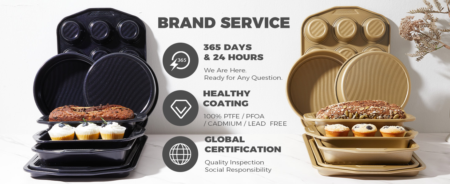 HONGBAKE 9-Piece Non Stick Baking Pans Set with Wave Texture for Reduced Oil, 0.8mm Thick Non Toxic Bakeware Sets, Includes Stackable Cookie Sheets for Oven Cooking, Cake Pan, Muffin Pan, Gold