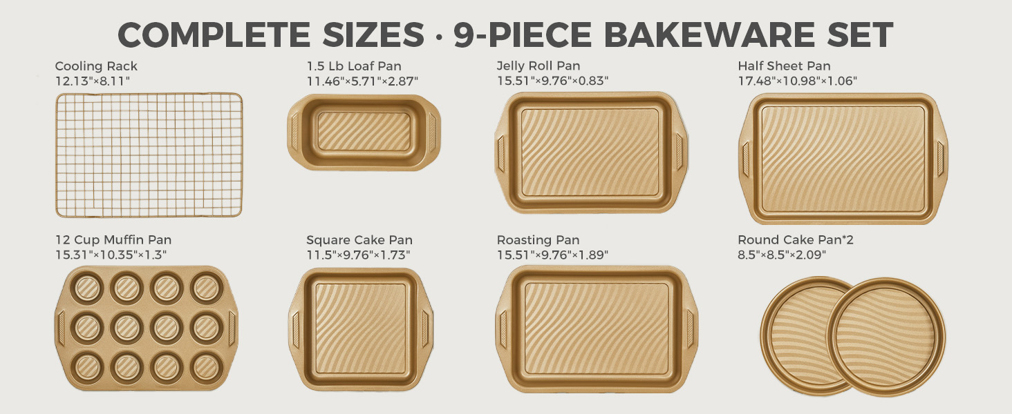 HONGBAKE 9-Piece Non Stick Baking Pans Set with Wave Texture for Reduced Oil, 0.8mm Thick Non Toxic Bakeware Sets, Includes Stackable Cookie Sheets for Oven Cooking, Cake Pan, Muffin Pan, Gold