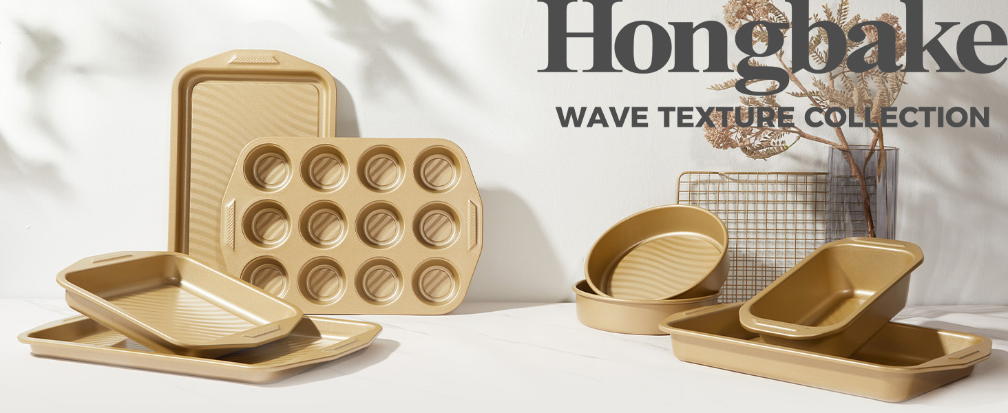 HONGBAKE 9-Piece Non Stick Baking Pans Set with Wave Texture for Reduced Oil, 0.8mm Thick Non Toxic Bakeware Sets, Includes Stackable Cookie Sheets for Oven Cooking, Cake Pan, Muffin Pan, Gold