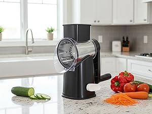 Rotary Cheese Graters with 4 Blades, Hand Crank Cheese Grater with Waffle Slicer, Black and White Cheese Shredder with Suction Base, Easier for Shredding & Grating (Black, 4 Graters)