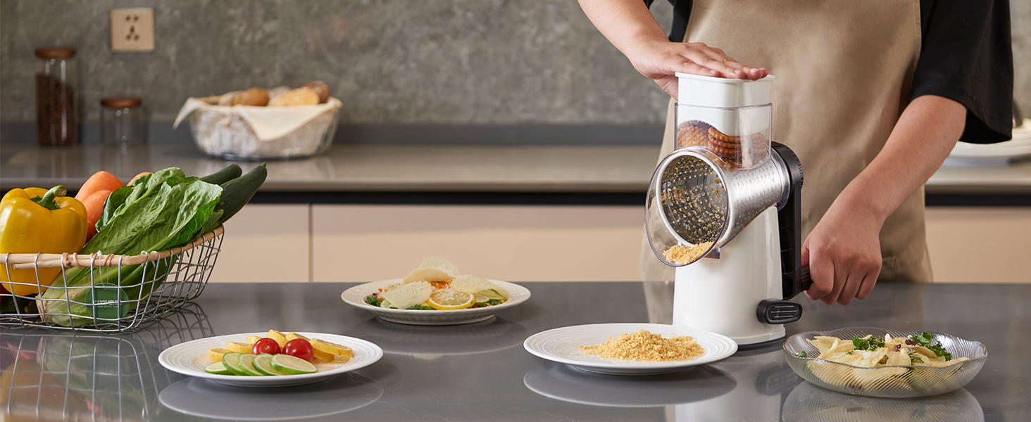 Rotary Cheese Graters with 4 Blades, Hand Crank Cheese Grater with Waffle Slicer, Black and White Cheese Shredder with Suction Base, Easier for Shredding & Grating (Black, 4 Graters)