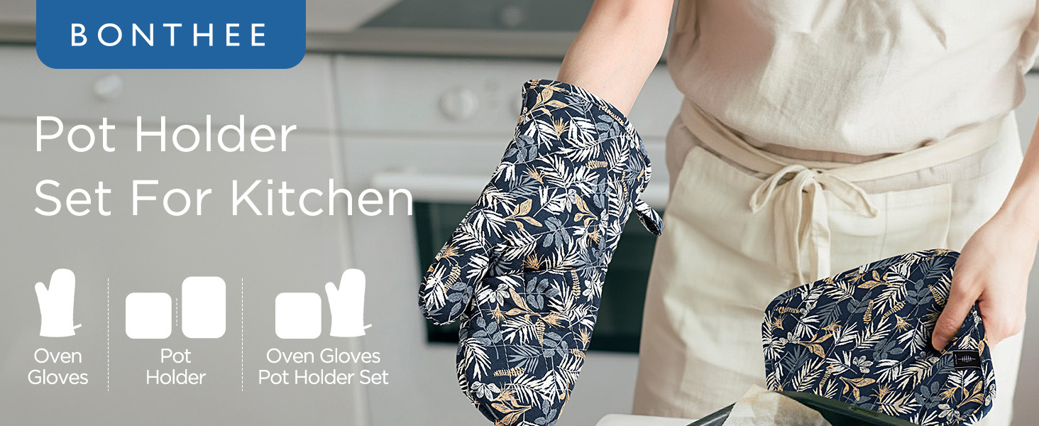 Pot Holders for Kitchen Heat Resistant Hot Pads for Countertops Oven Pot Holders Cotton Potholders for Kitchen Cooking Baking (Blue Leaves)