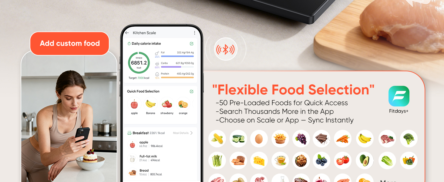 Smart Nutrition Food Scale with LED Display, Tracks Calories, Fat, Carbs & Protein via App, 1g Precision Digital Kitchen Scale for Healthy Eating & Meal Prep