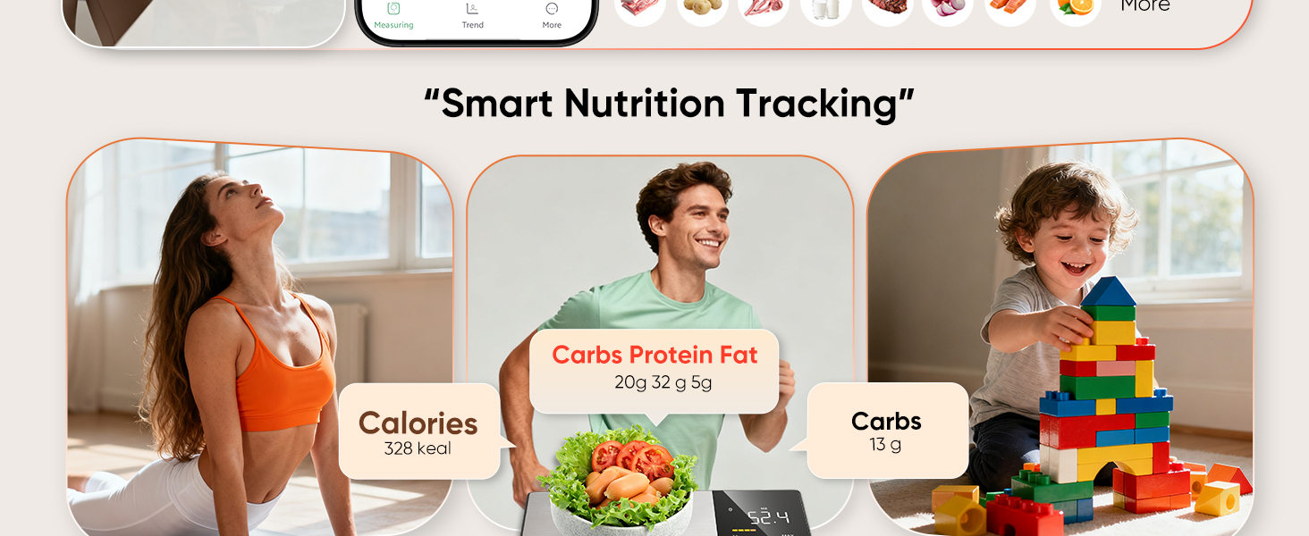Smart Nutrition Food Scale with LED Display, Tracks Calories, Fat, Carbs & Protein via App, 1g Precision Digital Kitchen Scale for Healthy Eating & Meal Prep