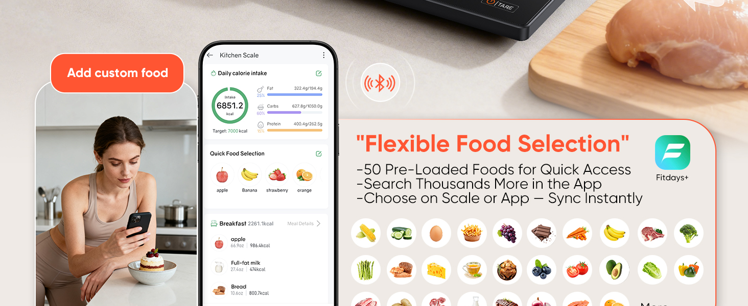 Smart Nutrition Food Scale with TFT Display, Tracks Calories, Fat, Carbs & Protein, Works with App for Daily Reports, 50 Built-in Foods, 23 Nutrients, Digital Kitchen Scale for Meal Prep