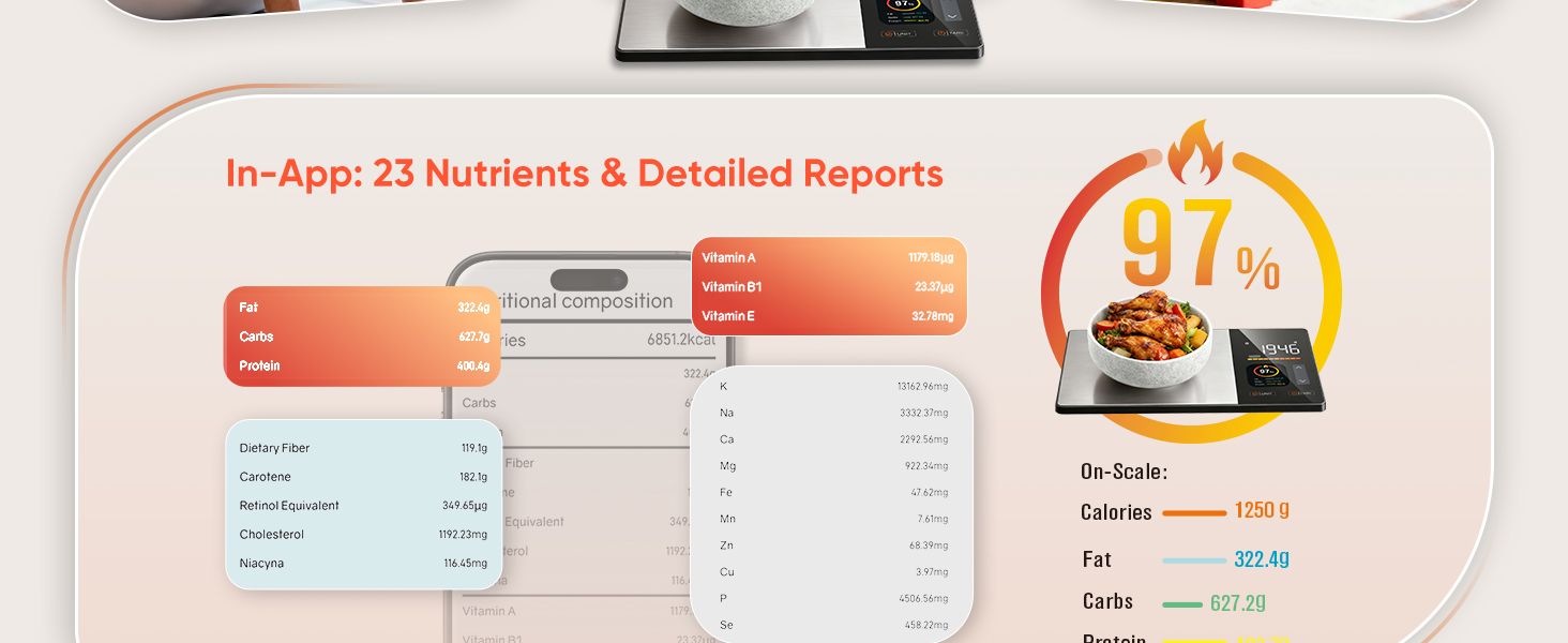 Smart Nutrition Food Scale with TFT Display, Tracks Calories, Fat, Carbs & Protein, Works with App for Daily Reports, 50 Built-in Foods, 23 Nutrients, Digital Kitchen Scale for Meal Prep