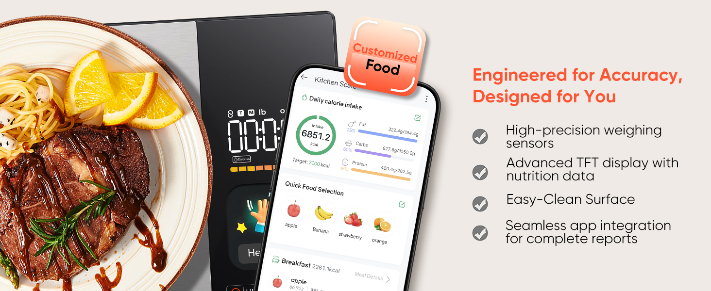 Smart Nutrition Food Scale with TFT Display, Tracks Calories, Fat, Carbs & Protein, Works with App for Daily Reports, 50 Built-in Foods, 23 Nutrients, Digital Kitchen Scale for Meal Prep