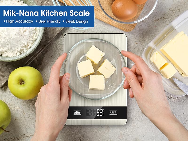 Mik-Nana Food Scale, 11lb Digital Kitchen Scale with LCD Display 6 Units Tare Function, Stainless Steel Weight Grams and Ounces for Baking, Cooking and Meal Prep (Batteries Included)