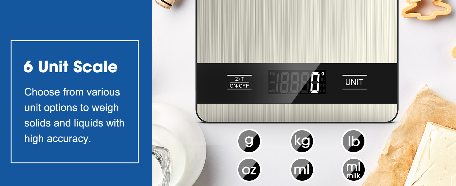 Mik-Nana Food Scale, 11lb Digital Kitchen Scale with LCD Display 6 Units Tare Function, Stainless Steel Weight Grams and Ounces for Baking, Cooking and Meal Prep (Batteries Included)
