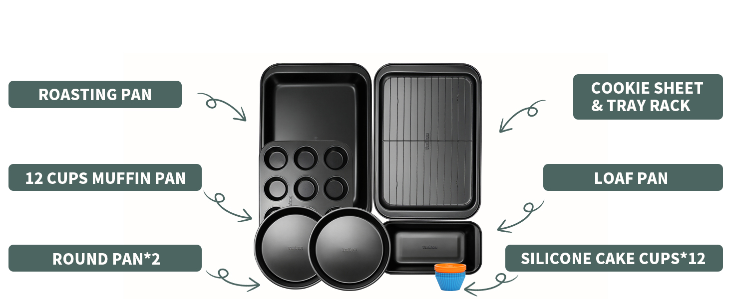 Nonstick Baking Pans Set, 19 PCS Stackable Bakeware Sets, Oven Pan Set Includes Baking Tray, Cookie Sheet, Cake Pans, Loaf Pan, Muffin Pan, Silicone Cups