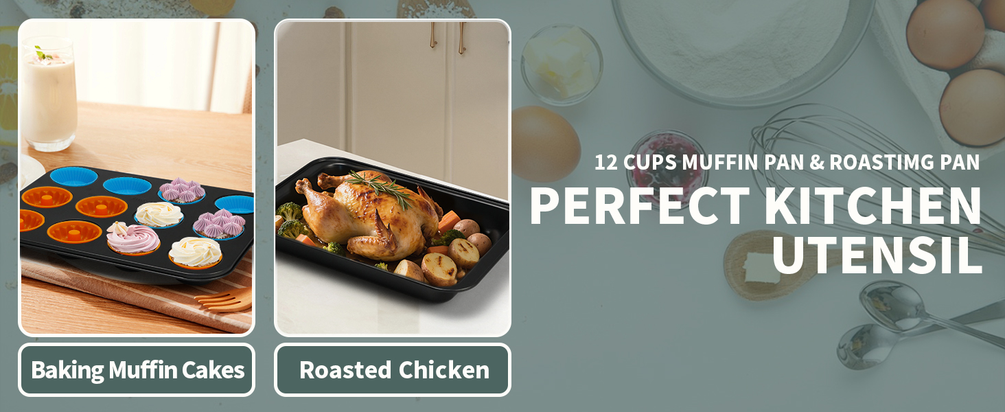 Nonstick Baking Pans Set, 19 PCS Stackable Bakeware Sets, Oven Pan Set Includes Baking Tray, Cookie Sheet, Cake Pans, Loaf Pan, Muffin Pan, Silicone Cups