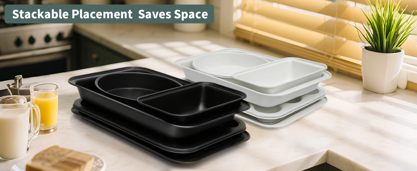 Nonstick Baking Pans Set, 19 PCS Stackable Bakeware Sets, Oven Pan Set Includes Baking Tray, Cookie Sheet, Cake Pans, Loaf Pan, Muffin Pan, Silicone Cups