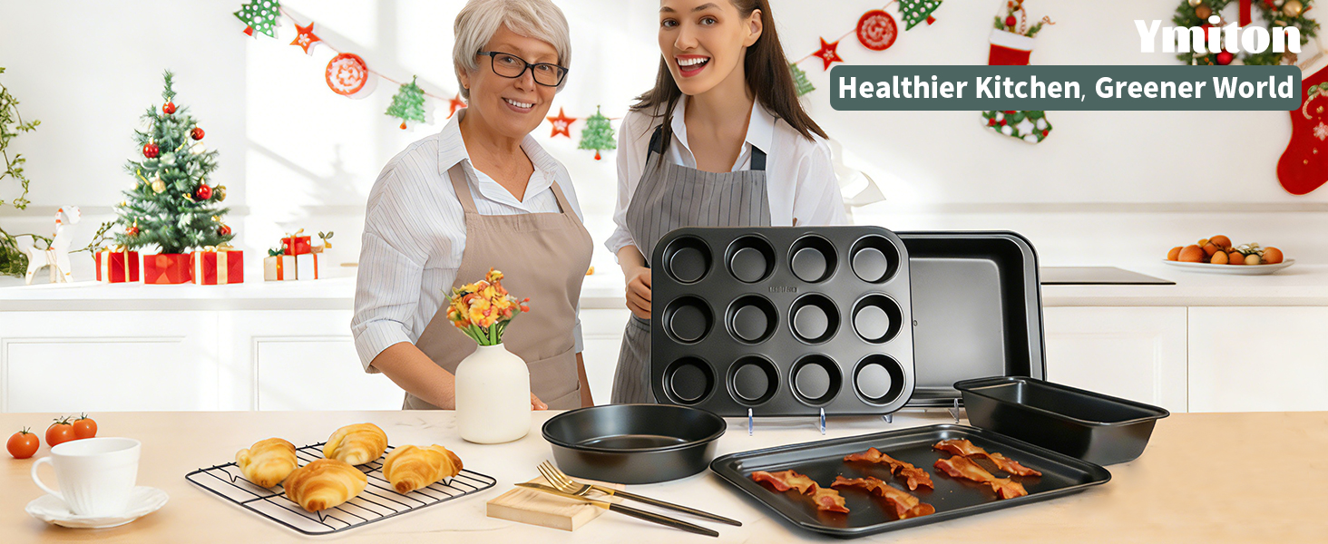 Nonstick Baking Pans Set, 19 PCS Stackable Bakeware Sets, Oven Pan Set Includes Baking Tray, Cookie Sheet, Cake Pans, Loaf Pan, Muffin Pan, Silicone Cups