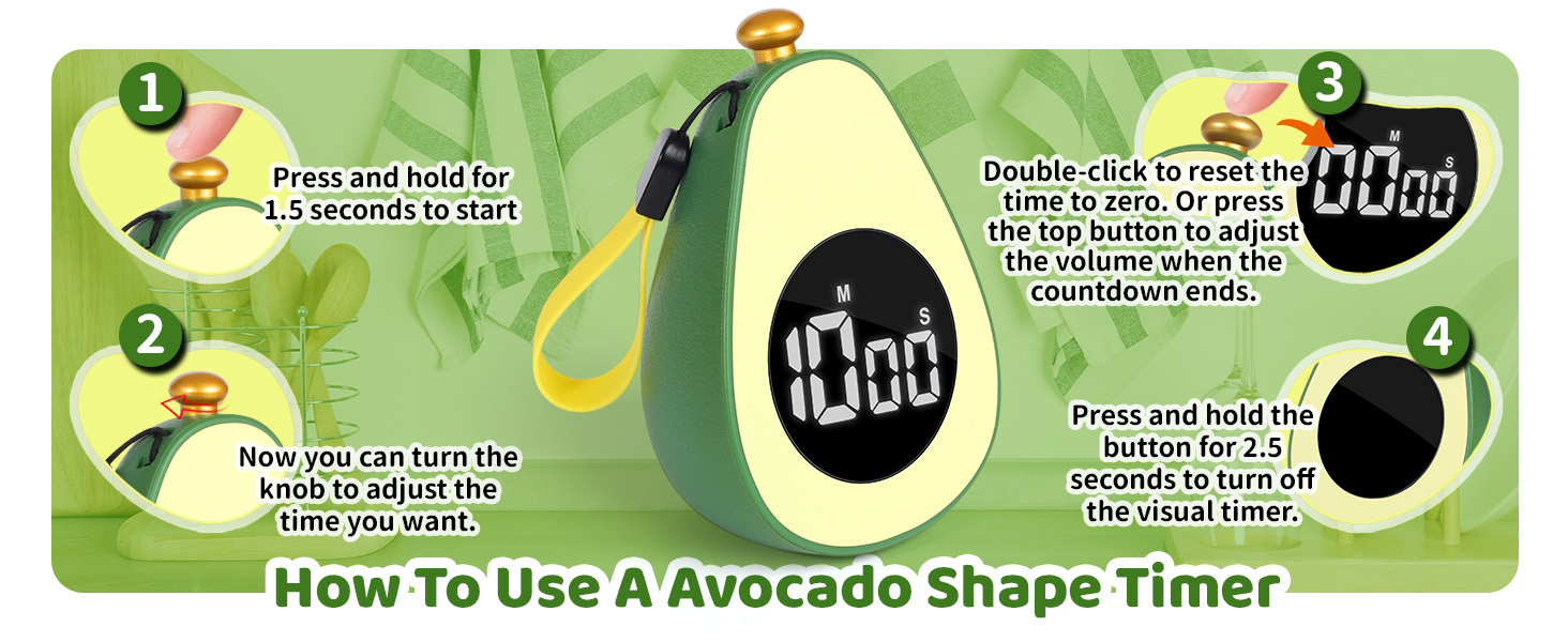 Avocado Digital Countdown Timer, Cute Kitchen Gadget, Adjustable Volume Timer for Cooking and Baking, One-Button Design, 99-Minute, Use AAA Battery, Portable Digital Timer, Home Kitchen Tool