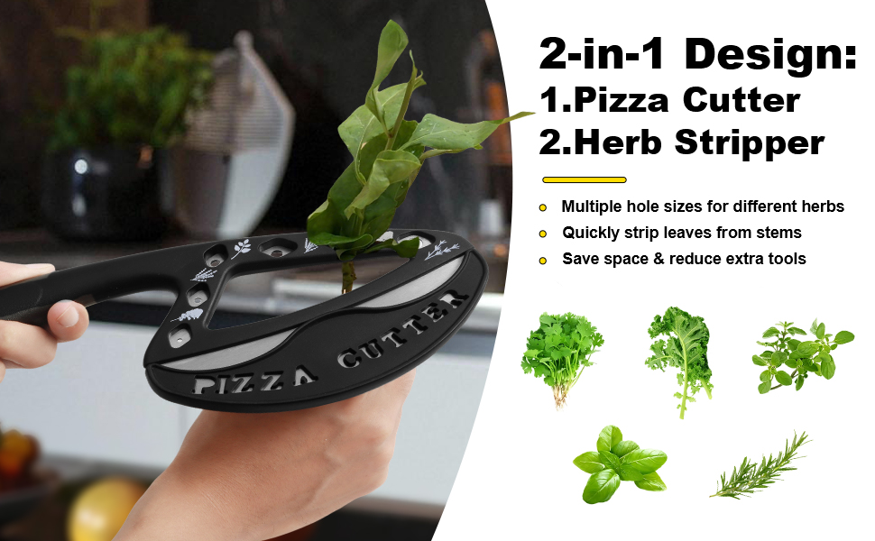 2-in-1 Pizza Cutter Rocker Blade with Herb Stripper Holes, Sharp Stainless Steel Pizza Knife with Protective Cover, Dishwasher Safe,Herb Stripping Tool for Basil,Rosemary