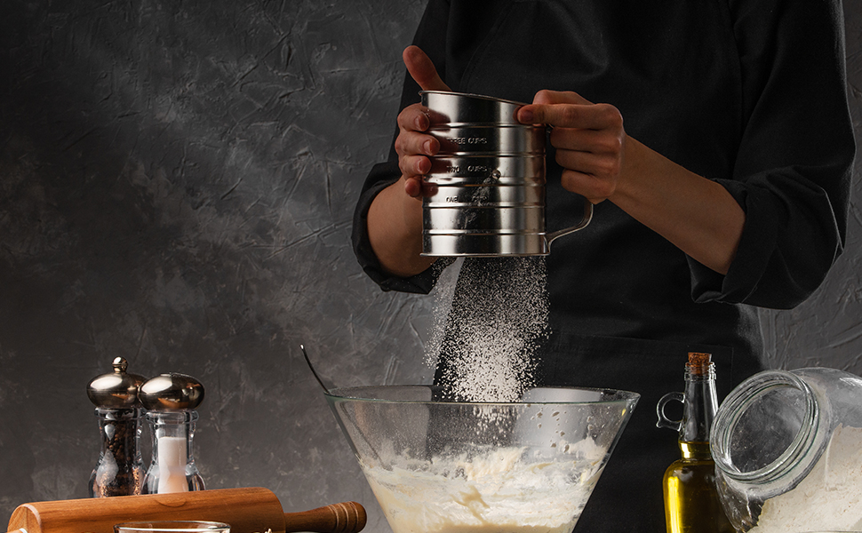 Flour Sifter for Baking, Stainless Steel 3 Cup Flour Sifter with Rotary Hand Crank, Fine Mesh and Agitator Flour Duster, Esvopa