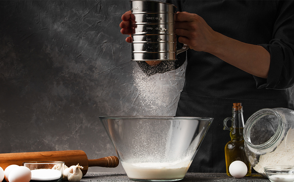 Flour Sifter for Baking, Stainless Steel 3 Cup Flour Sifter with Rotary Hand Crank, Fine Mesh and Agitator Flour Duster, Esvopa