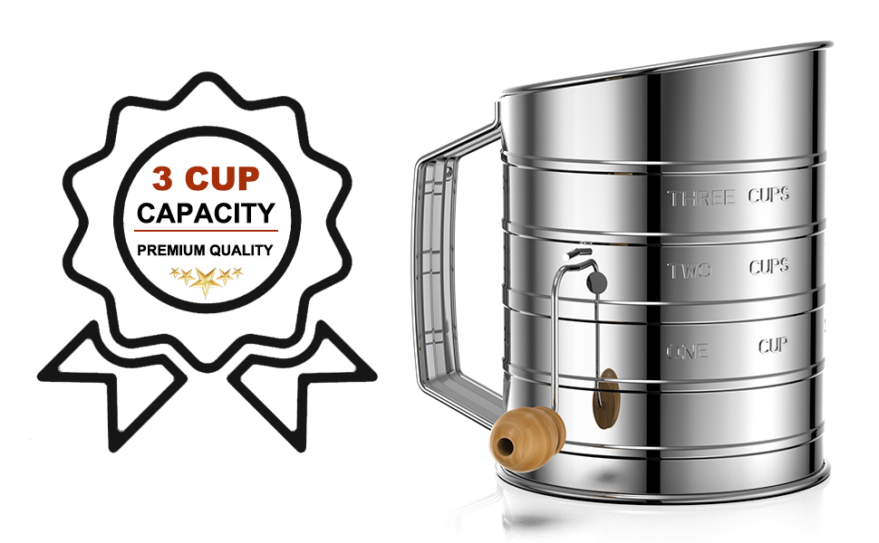 Flour Sifter for Baking, Stainless Steel 3 Cup Flour Sifter with Rotary Hand Crank, Fine Mesh and Agitator Flour Duster, Esvopa