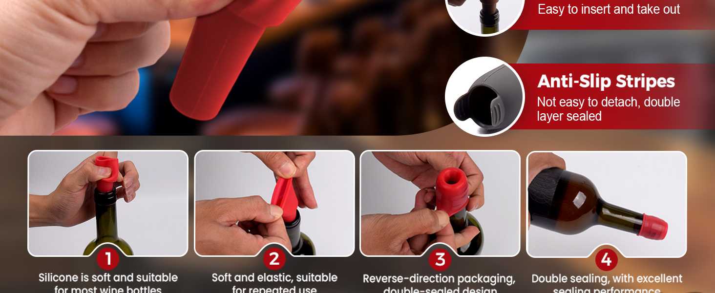 Silicone Wine Stopper for Wine Bottles, 2025 New Wine Stoppers for Wine Bottles, Seal Bottle Cover for Beer Champagne, Glass Bottle Sealer Covers Wine Stoppers for Home Use (4, All)