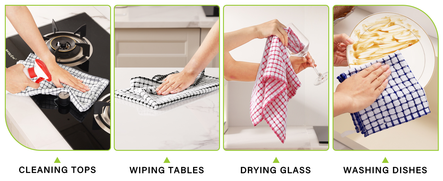 Homaxy Kitchen Towels and Dishcloths Set, 16 x 25 and 12 x 12 Inches, Set of 8 Cotton Terry Kitchen Dish Towels, Super Soft and Absorbent Dish Cloths, Blue/Yellow/Red/Green