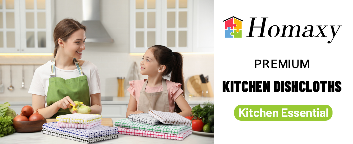 Homaxy Kitchen Towels and Dishcloths Set, 16 x 25 and 12 x 12 Inches, Set of 8 Cotton Terry Kitchen Dish Towels, Super Soft and Absorbent Dish Cloths, Blue/Yellow/Red/Green