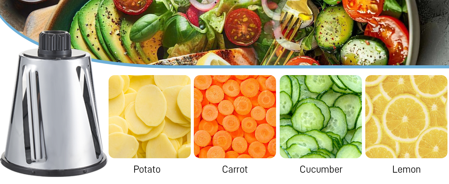 VEKAYA Rotary Cheese Grater Hand Crank with 4 Interchangeable Stainless Steel Blades, Large Manual Handle Shredder and Waffle Slicer for Vegetables, Cheese and Nuts with Table Suction Base (Black)