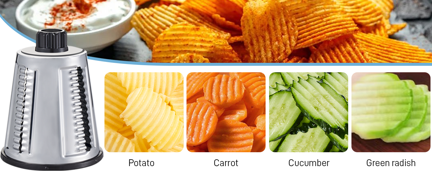 VEKAYA Rotary Cheese Grater Hand Crank with 4 Interchangeable Stainless Steel Blades, Large Manual Handle Shredder and Waffle Slicer for Vegetables, Cheese and Nuts with Table Suction Base (Black)