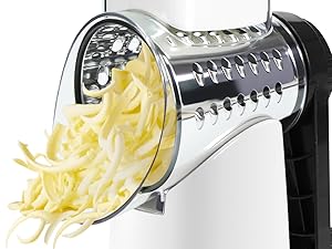 VEKAYA Rotary Cheese Grater Hand Crank with 4 Interchangeable Stainless Steel Blades, Large Manual Handle Shredder and Waffle Slicer for Vegetables, Cheese and Nuts with Table Suction Base (Black)
