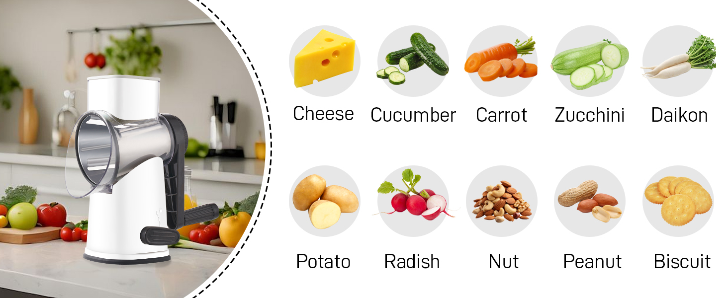 VEKAYA Rotary Cheese Grater Hand Crank with 4 Interchangeable Stainless Steel Blades, Large Manual Handle Shredder and Waffle Slicer for Vegetables, Cheese and Nuts with Table Suction Base (Black)