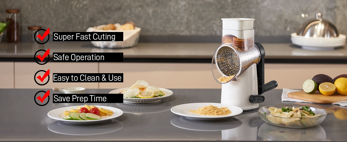 VEKAYA Rotary Cheese Grater Hand Crank with 4 Interchangeable Stainless Steel Blades, Large Manual Handle Shredder and Waffle Slicer for Vegetables, Cheese and Nuts with Table Suction Base (Black)