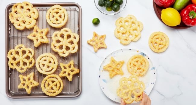 Bunuelos Mold with Handle, 304 Stainless steel Flower, Round and Star Rosette Molde with Long Fork- Rosette Para Buñuelos de Viento Moldes Mexicanos Tools Set with 3 Interchangeable Heads