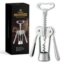 Wine Opener,Heavy-Duty Zinc Alloy Wing Corkscrew Wine Bottle Opener with Sharp Spiral Screw,Round Handles,Matte Silver