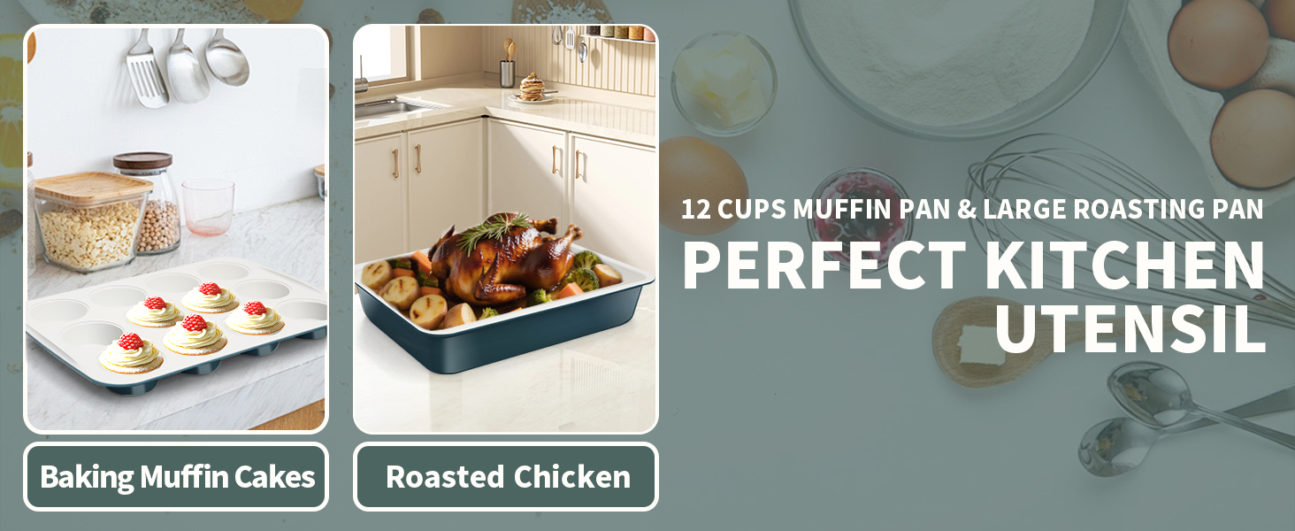 Ceramic Nonstick Baking Pans Set, Non Toxic 33 PCS Stackable Bakeware Sets, 550°F Oven Safe Baking Sheet & Pans, Warp-Free, Dishwasher Safe, PTFE/PFOA/PFOS-Free (Blue)