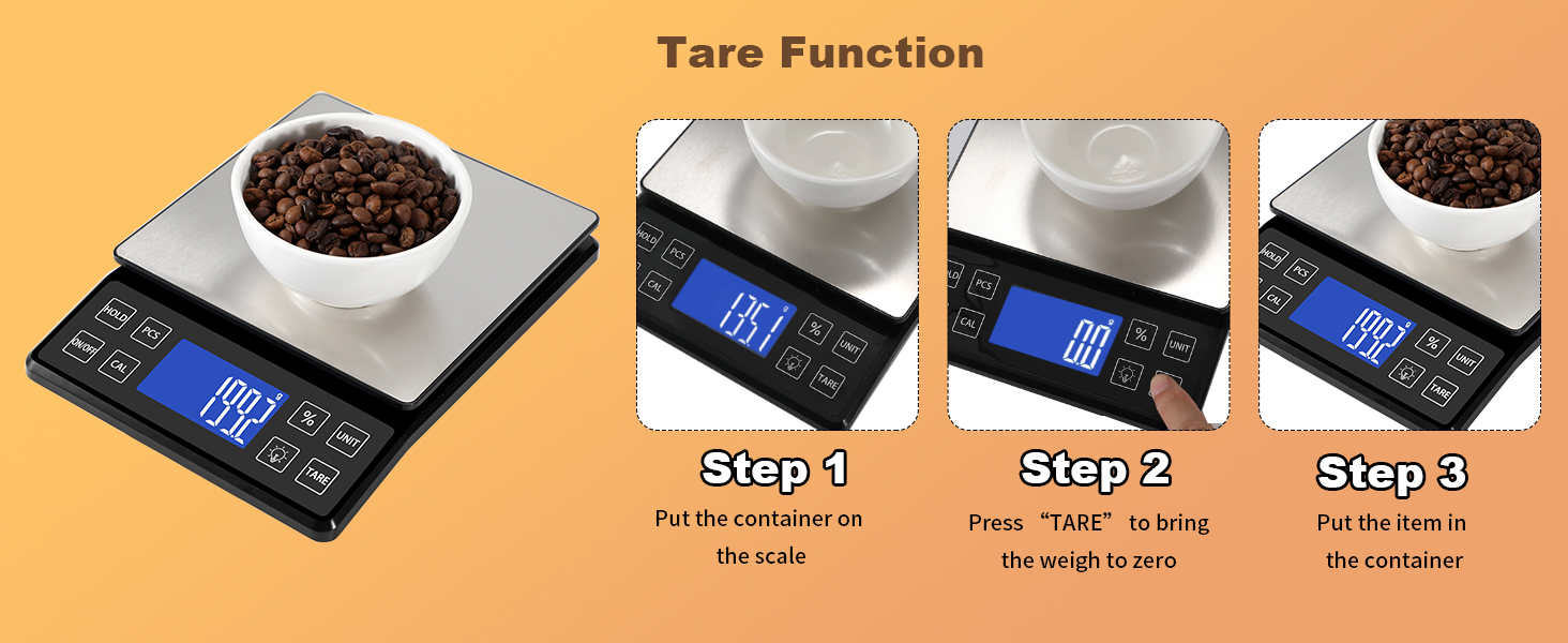 Digital Kitchen Scale with 0.1g/0.001oz High Precision, 5kg/11lb Food Bakery Scale with% Percentage Function, Tare Function, USB Rechargeable or AAA Battery Power, Stainless Steel Pan