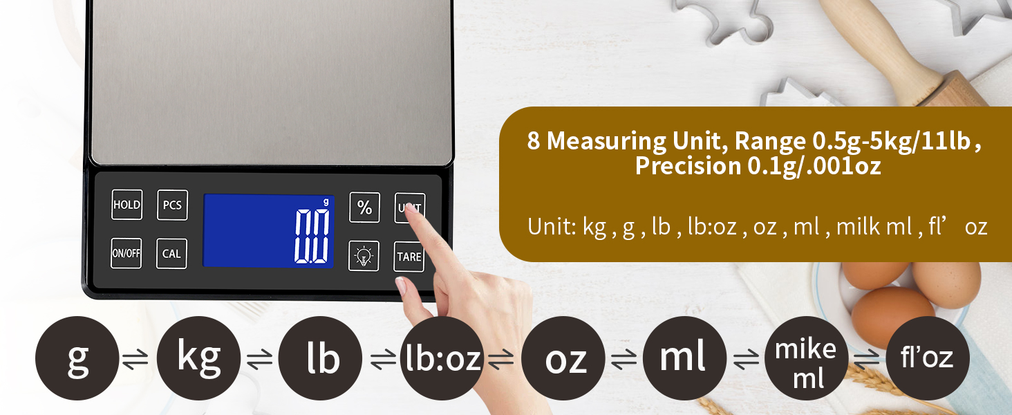Digital Kitchen Scale with 0.1g/0.001oz High Precision, 5kg/11lb Food Bakery Scale with% Percentage Function, Tare Function, USB Rechargeable or AAA Battery Power, Stainless Steel Pan