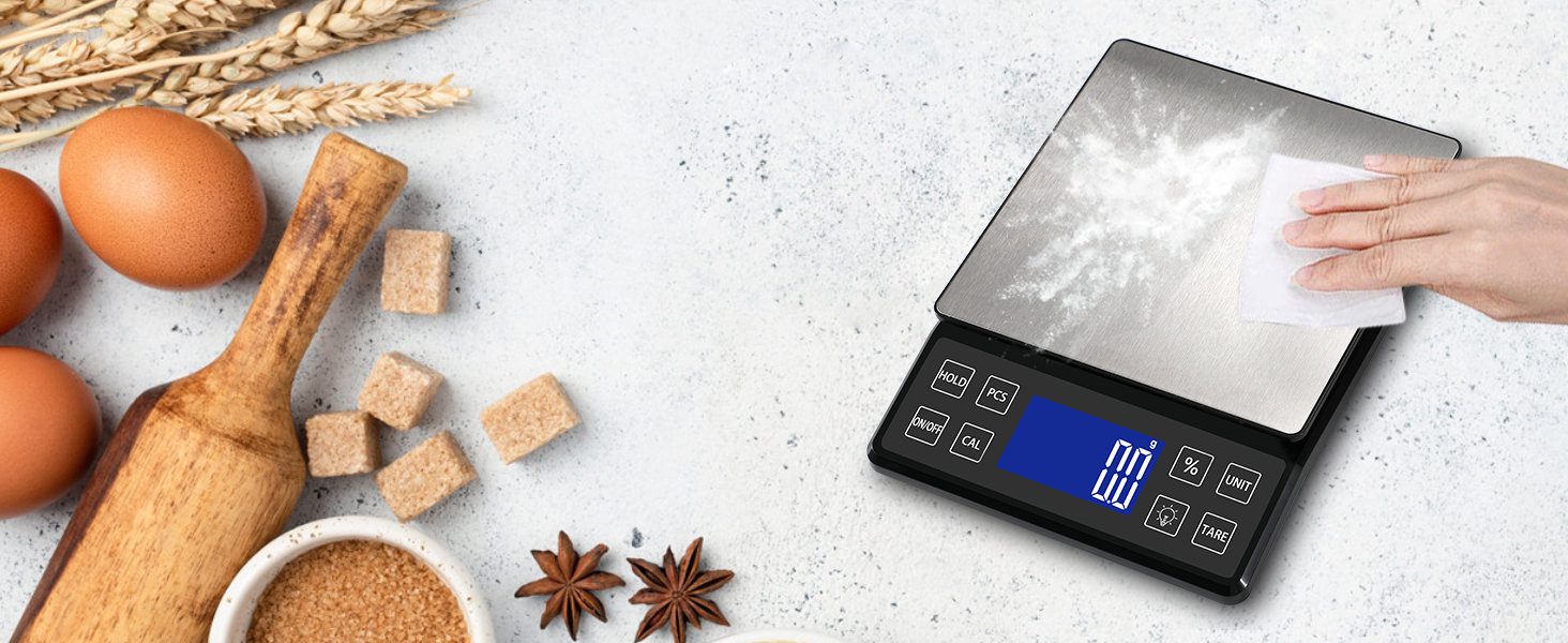 Digital Kitchen Scale with 0.1g/0.001oz High Precision, 5kg/11lb Food Bakery Scale with% Percentage Function, Tare Function, USB Rechargeable or AAA Battery Power, Stainless Steel Pan