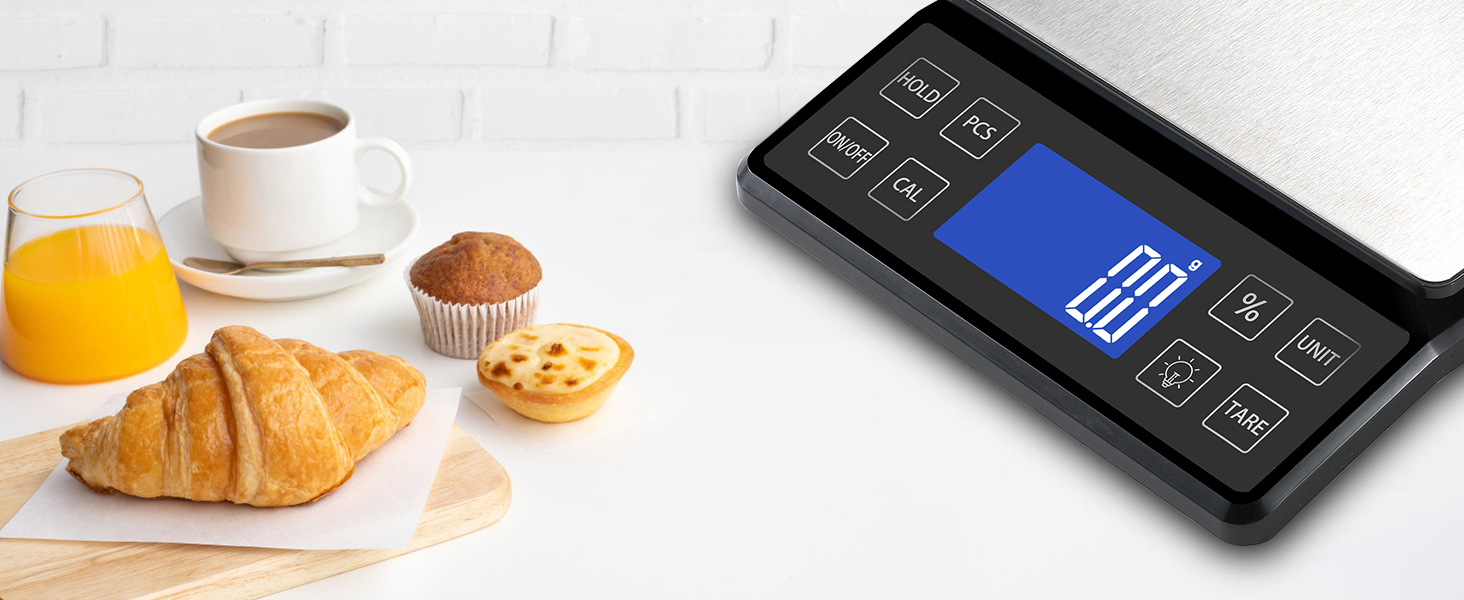 Digital Kitchen Scale with 0.1g/0.001oz High Precision, 5kg/11lb Food Bakery Scale with% Percentage Function, Tare Function, USB Rechargeable or AAA Battery Power, Stainless Steel Pan