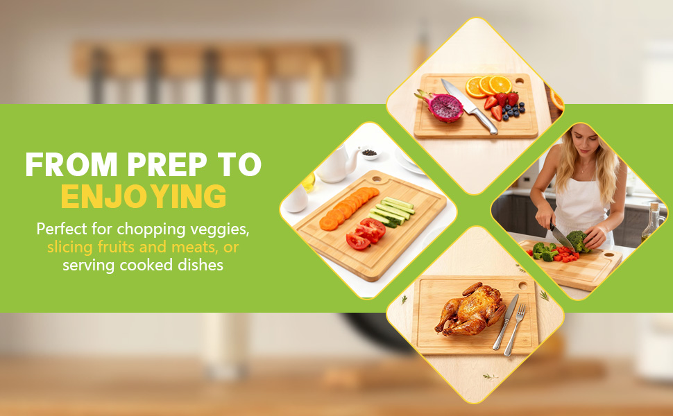 Bamboo Cutting Boards for Kitchen 14.9" x 9.6", Reversible Wood Cutting Board with Juice Groove & Side Handles, Chopping Board for Meat & Cheese, 100% Organic Bamboo